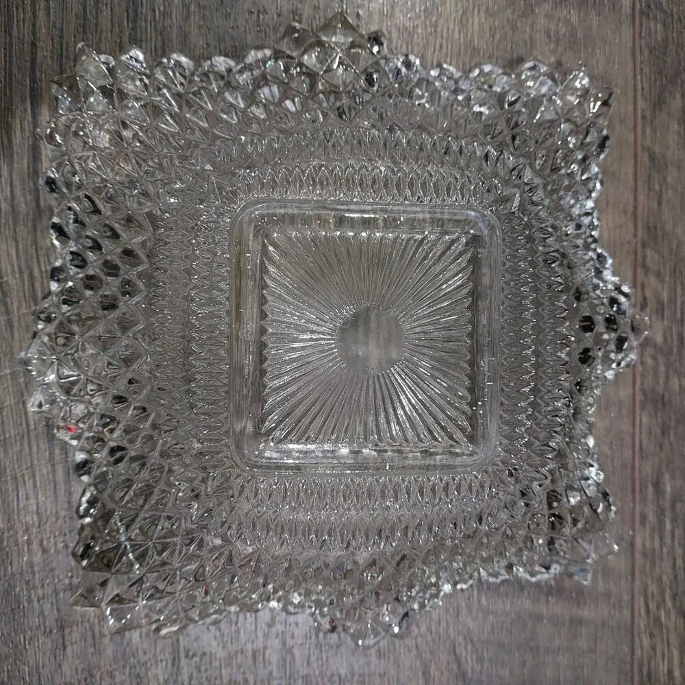 Clear Depression Glass Diamond Cut Candy Dish Candle Holder Sawtooth Edges Set 3 - Picture 8 of 12